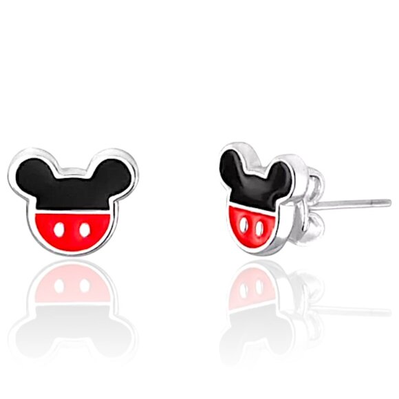 Disney Mickey Mouse Head Shaped Red & Black Shorts Silver Toned Stud Earrings - Picture 1 of 4
